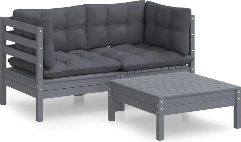 vidaXL Set mobilier grădină cu perne, antracit, 3 piese, lemn de pin