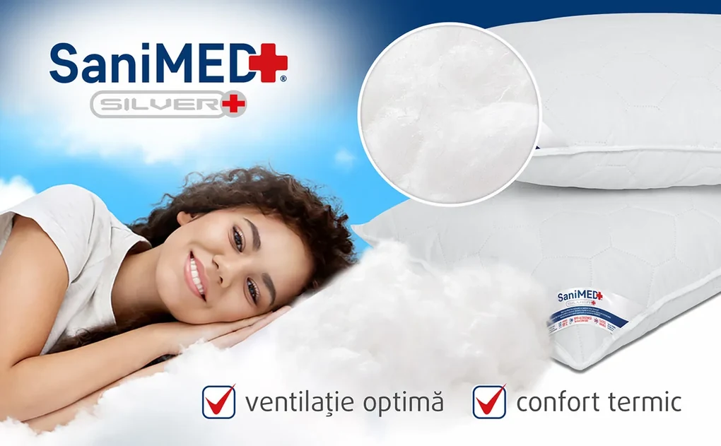 Set 2 perne Alcam, SaniMed® 50x70 cm, microfibra matlasata hipoalergenica, umplutura cu tratament SILVERPLUS®