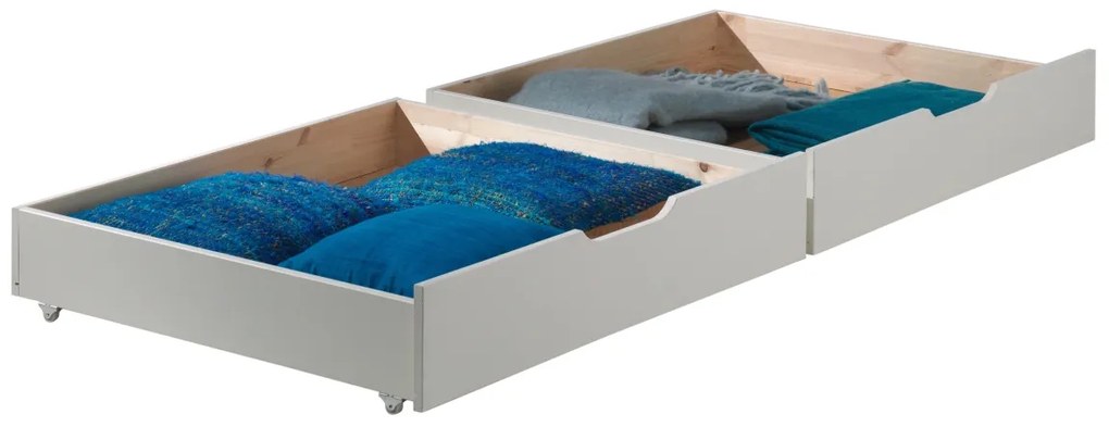 Pat supraetajat pentru copii SCOTT, alb, 90 x 200 cm, din pin scandinav și MDF, cu somiere incluse și 2 sertare pentru depozitare – Vipack