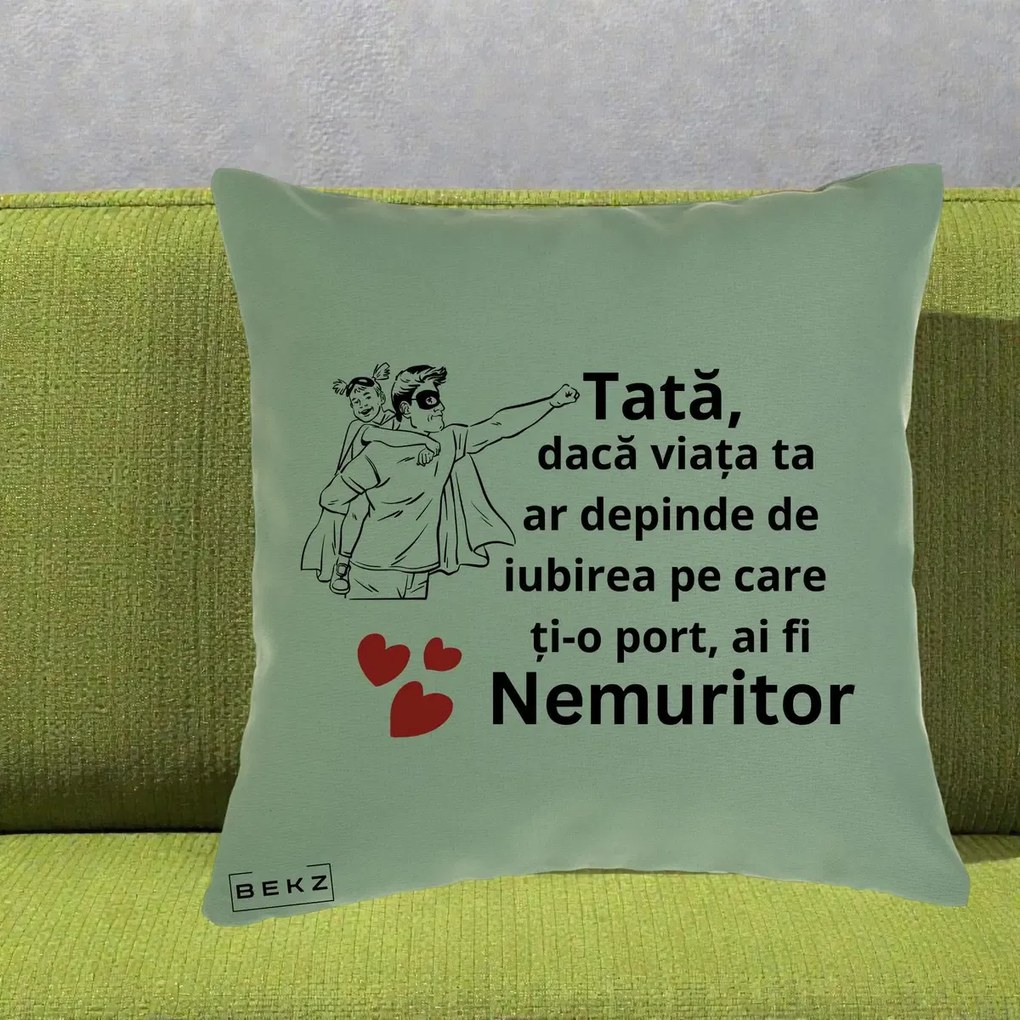Cadou pentru Tata - Perna Personalizata Tata Nemuritor Supererou cu Masca, 40x40 cm, Verde, Husa Detasabila, Perna Inclusa, BEKZ®