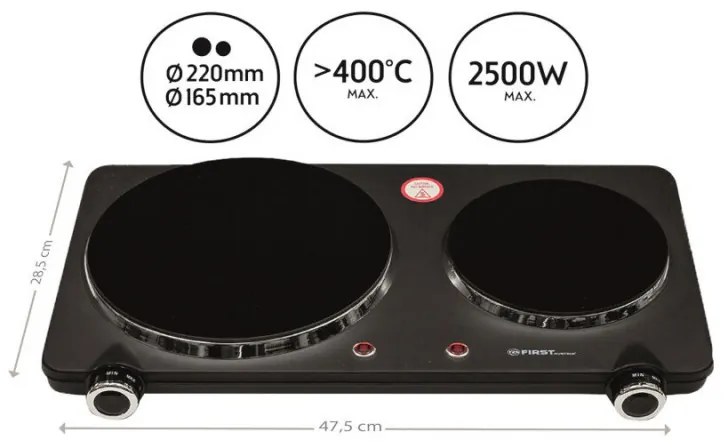 Plita dubla infrarosu First Austria FA-5096-6, 2500W, Termostat, Manere, Negru