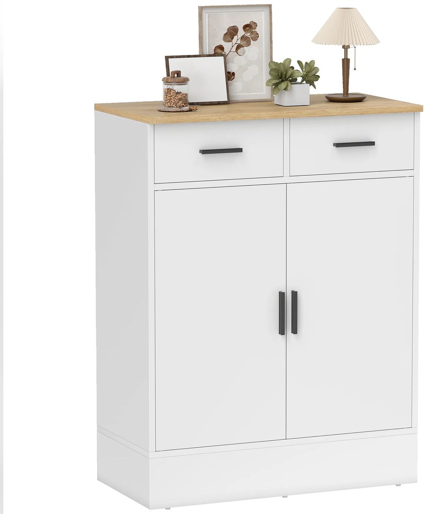 HOMCOM Bufet, mobilier de depozitare cu 2 uși, 2 sertare și raft reglabil, 68,6 x 35 x 90,3 cm, lemn natural și alb | Aosom Romania