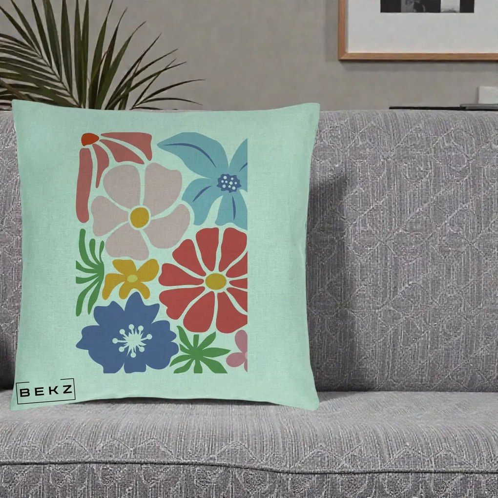 Perna Decorativa Flori Grafice Roz-Rosu-Albastru, 40x40 cm, Verde Menta, Husa Detasabila, Perna Inclusa, BEKZ®