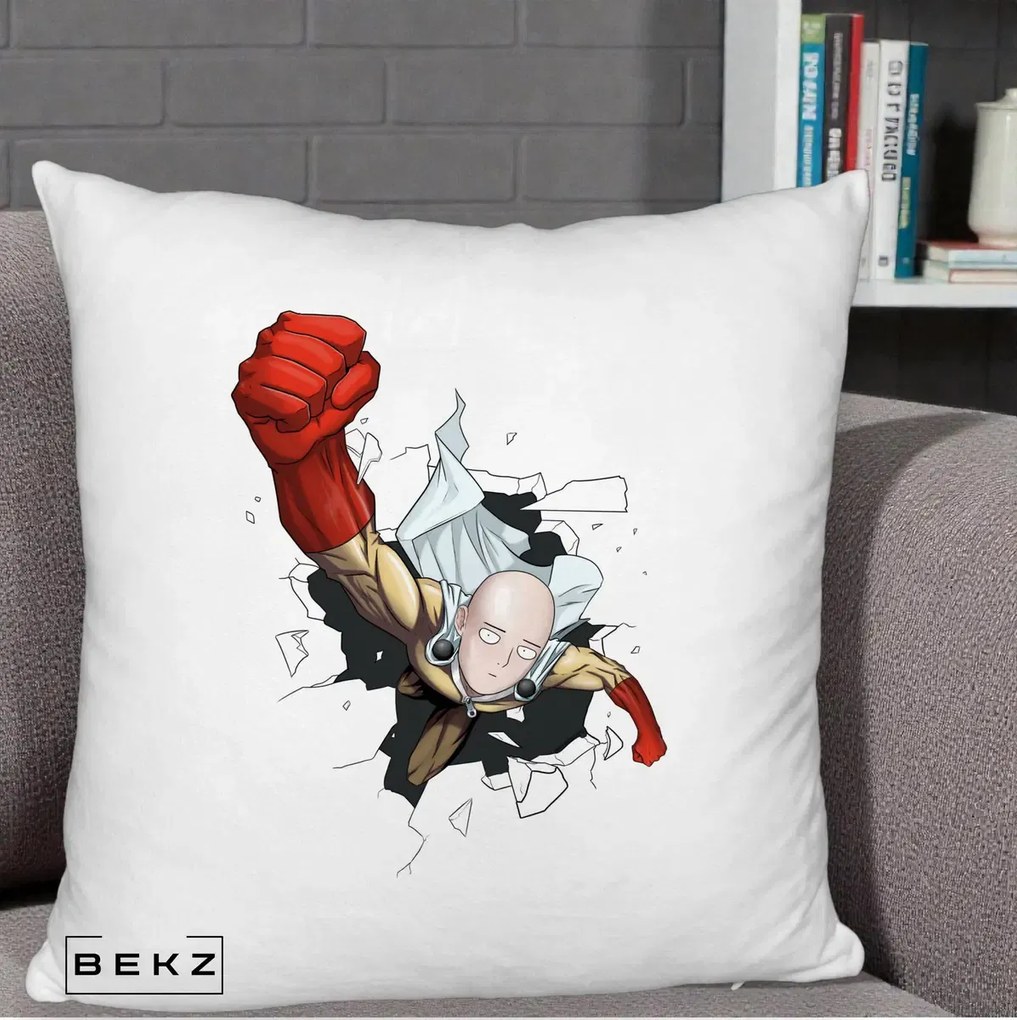 Perna Personalizata One Punch Man Saitama Pumn, 40x40 cm, Alb Pufos, Husa Detasabila, Perna Inclusa, BEKZ®