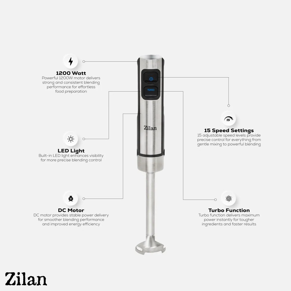 Mixer vertical ZİLAN ZLN3994, 1200W, 15 viteze, functie Turbo, İnox