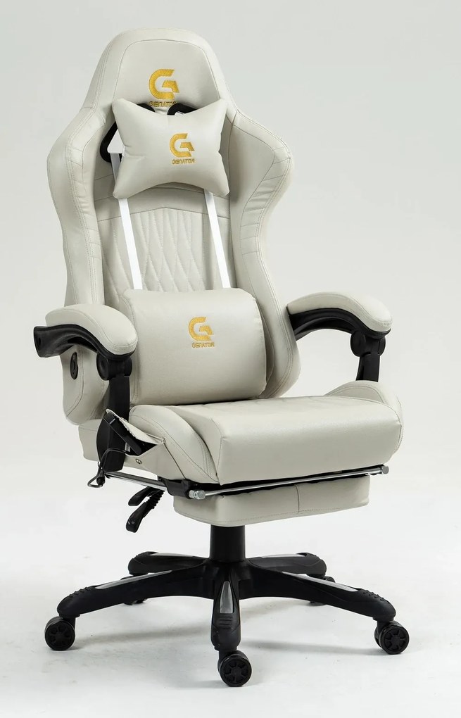 RESIGILAT- Scaun gaming, Masaj in 7 puncte, Boxe Bluetooth, funcție șezlong, 90-155 grade, suport picioare, PU, Alb Crem