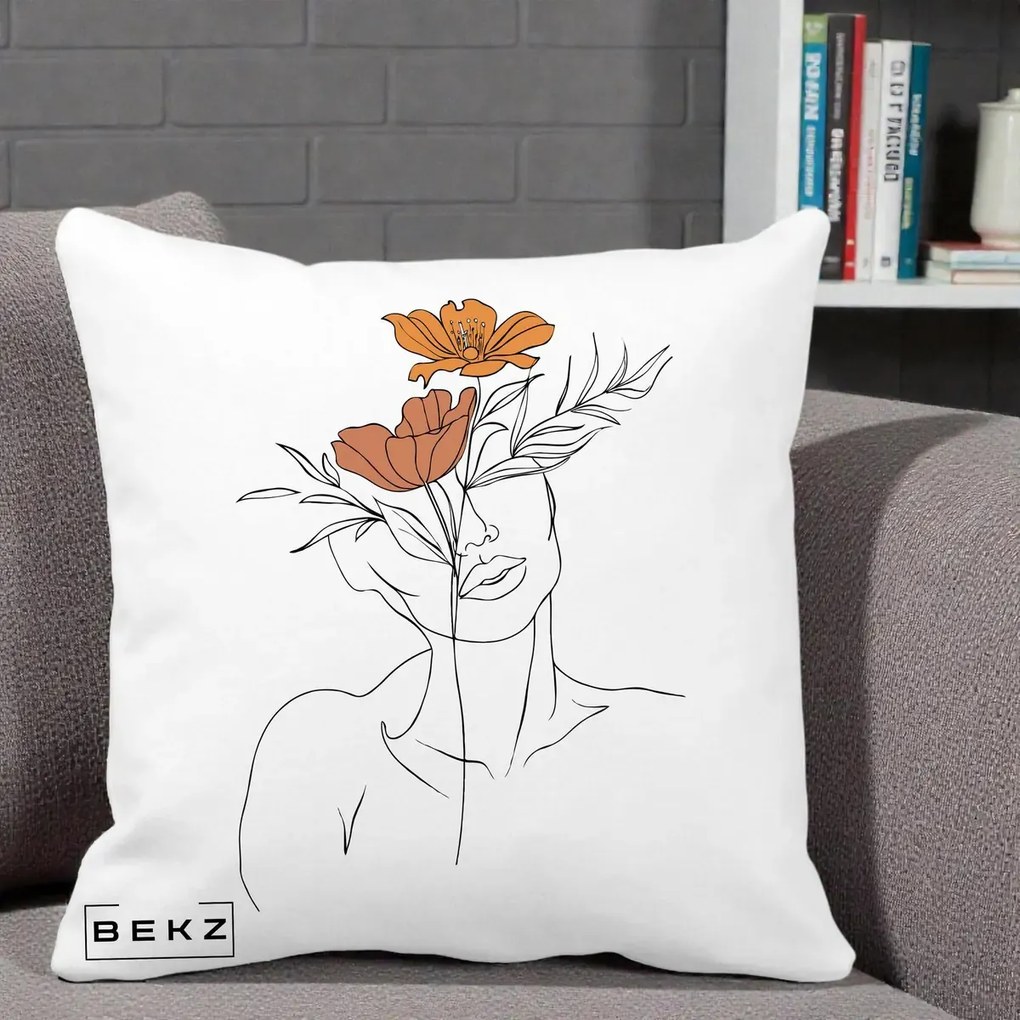 Perna Decorativa Portret Feminin Doua Flori, 40x40 cm, Alba Mata, Husa Detasabila, Perna Inclusa, BEKZ®
