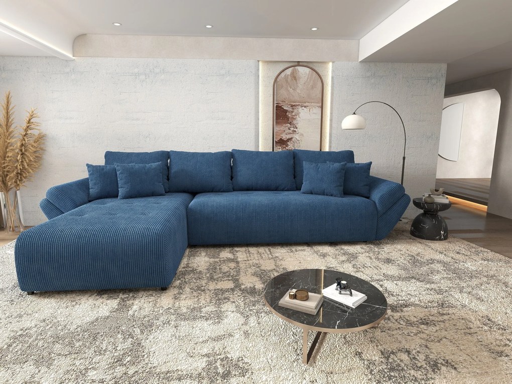 Colțar extensibil dumonde cu ladă de depozitare si sezut confortabil din spuma high-density, Berlin XL Zoom Blue 350x185 cm
