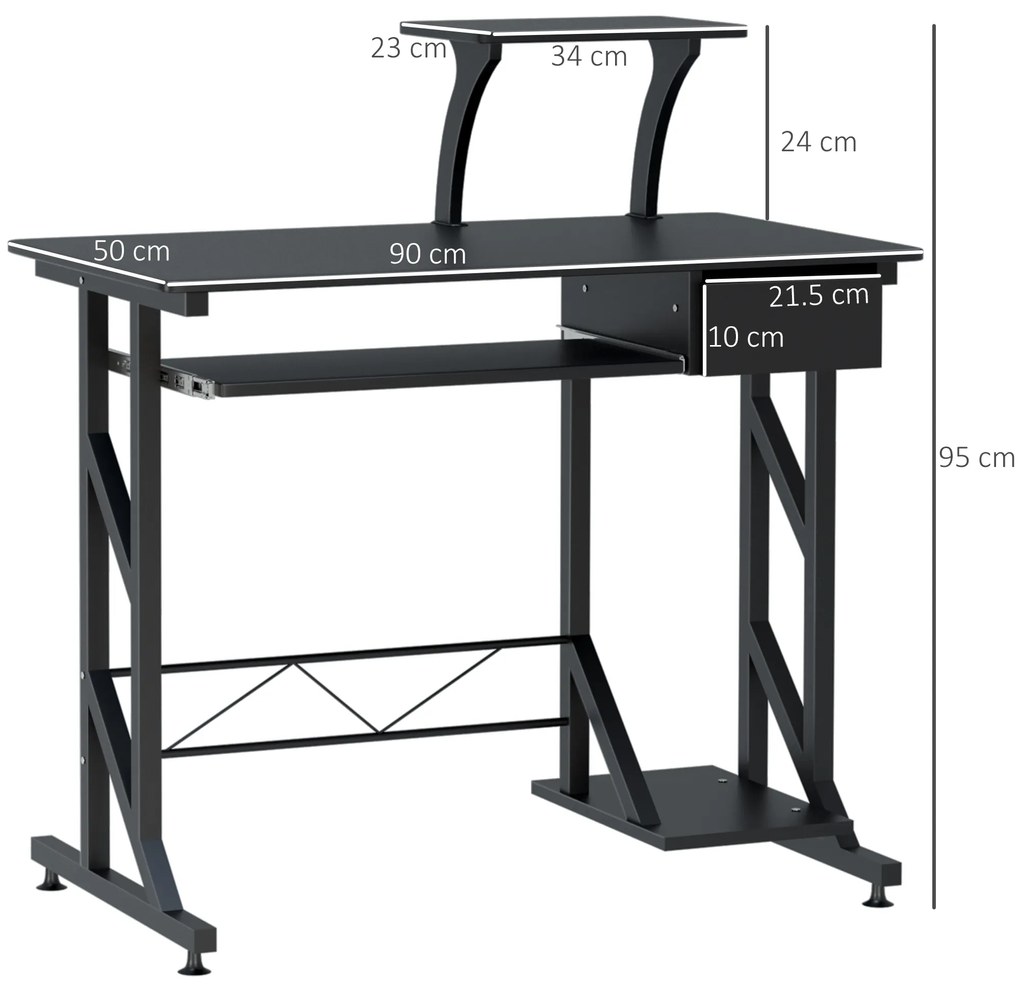 Birou calculator cu suport glisant, sertar si picioare antiderapante, MDF si otel, Negru 90x50x95cm HOMCOM | Aosom Romania