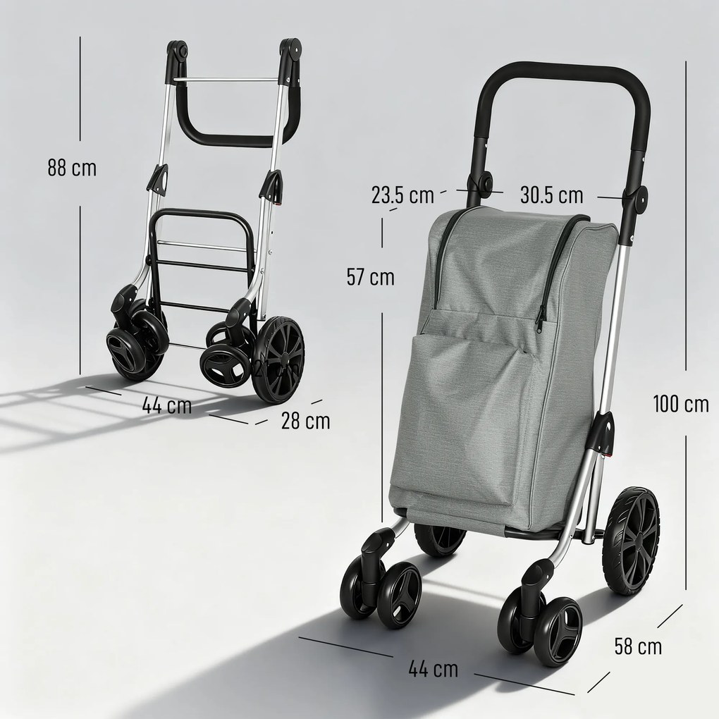 HOMCOM Troler de cumpărături, geantă 46 L, cărucior pliabil cu buzunar frigorific, mâner reglabil, cadru din aluminiu, Gri | Aosom Romania