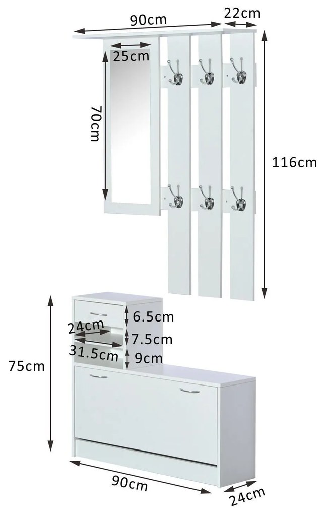 HOMCOM Mobila de Hol Moderna Garderoba Set Cuier, Oglinda si Dulap Pantofi 3 in 1, in Lemn Alb | Aosom Romania