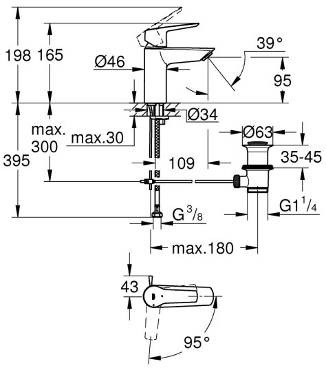 GROHE 311372432 - Baterie pentru lavoar QUICKFIX START 165 mm, neagră