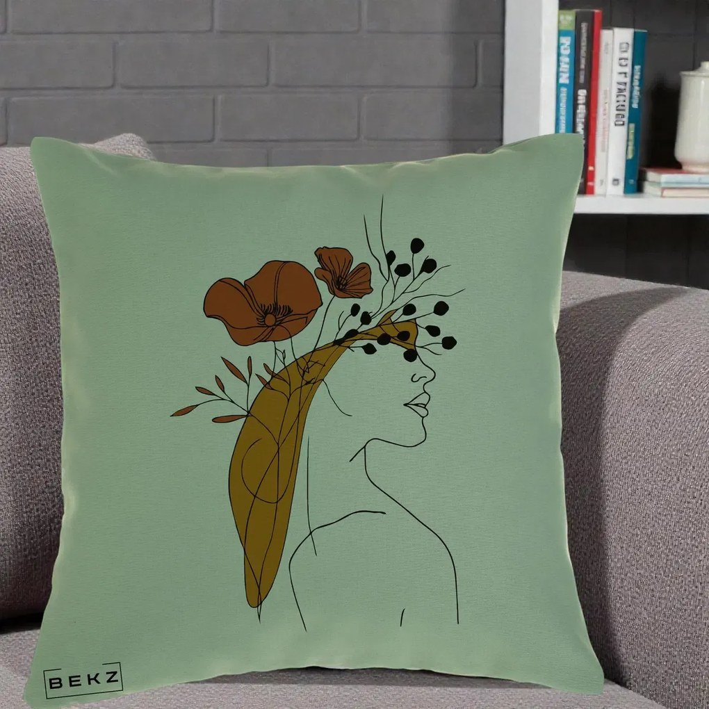 Perna Decorativa Portret Feminin Maci Rosii Auriu, 40x40 cm, Verde, Husa Detasabila, Perna Inclusa, BEKZ®