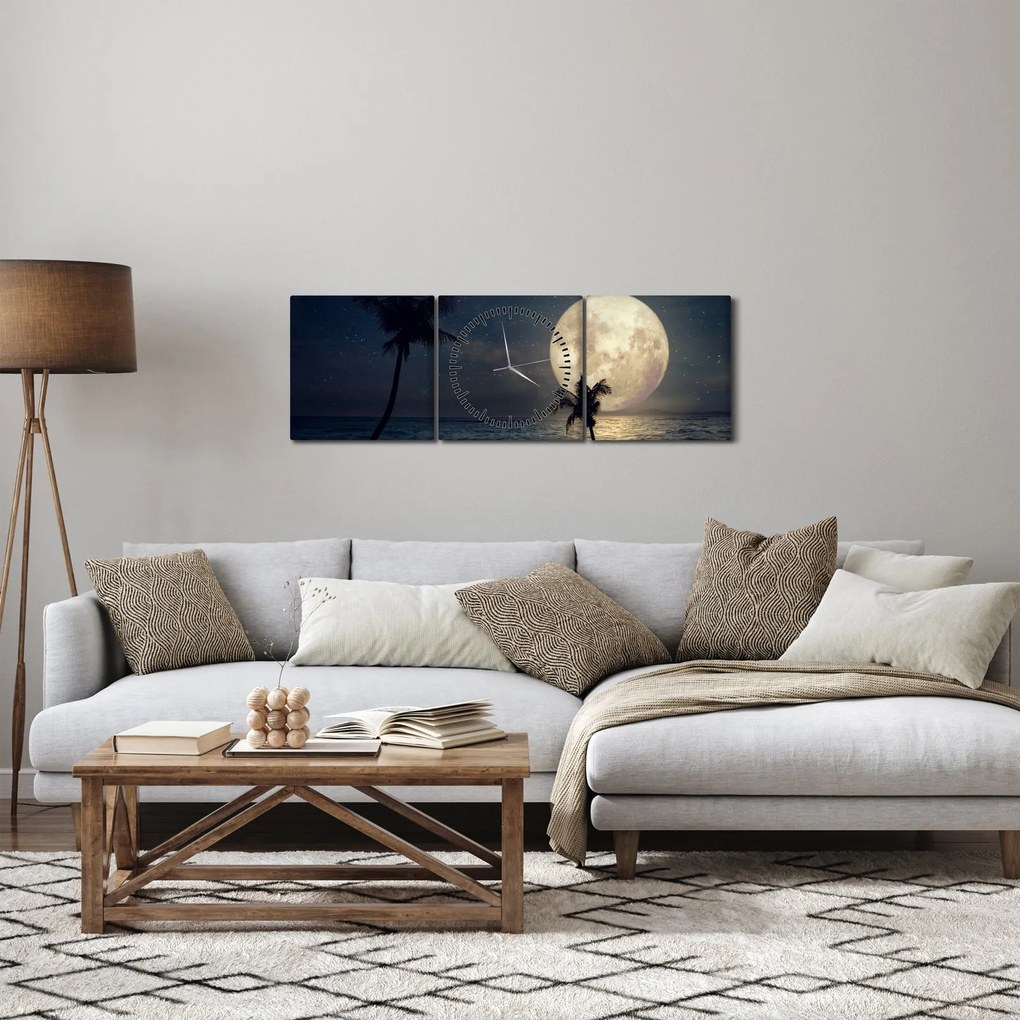 Tablou - Plajă cu lună plină (cu ceas) (90x30 cm)
