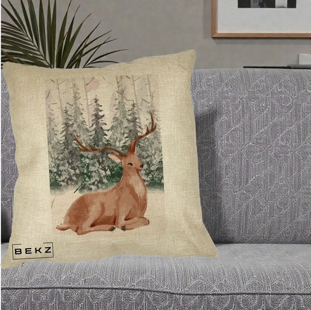 Perna Decorativa Ren in Padure Roz Moale, 40x40 cm, Crem, Husa Detasabila, Perna Inclusa, BEKZ®