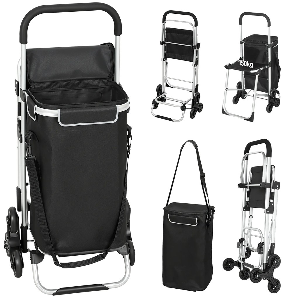 HOMCOM Cărucior de Cumpărături cu Geantă Impermeabilă de 40L, 46x59.5x97 cm, Negru și Argintiu | Aosom Romania