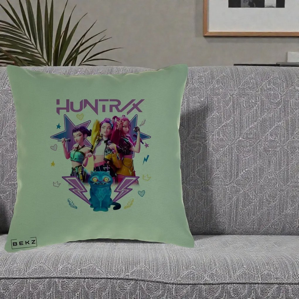 Perna Personalizata K-pop HUNTRX Trio 3D cu Pisica Fulgere, 40x40 cm, Verde, Husa Detasabila, Perna Inclusa, BEKZ®