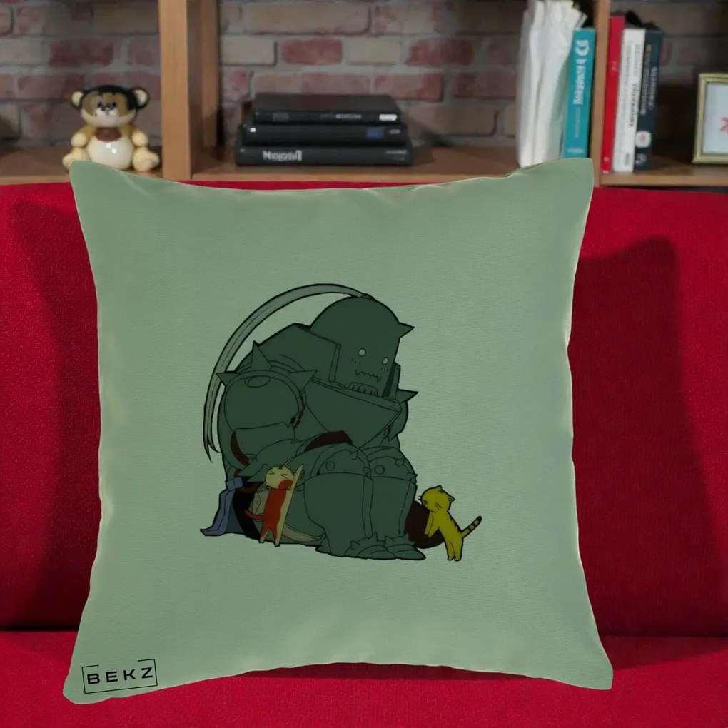 Perna Personalizata Fullmetal Alchemist Alphonse cu Pisici, 40x40 cm, Verde, Husa Detasabila, Perna Inclusa, BEKZ®
