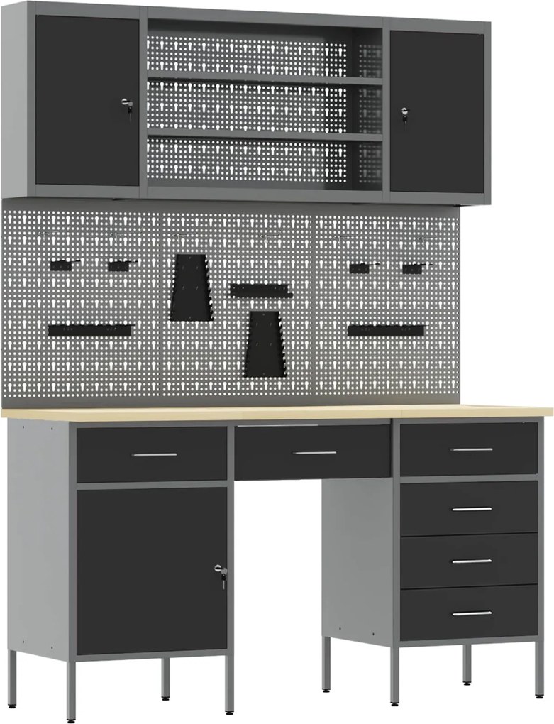 vidaXL Dulap de lucru cu sertar 8 pcs Negru Lemn ingineresc și oțel