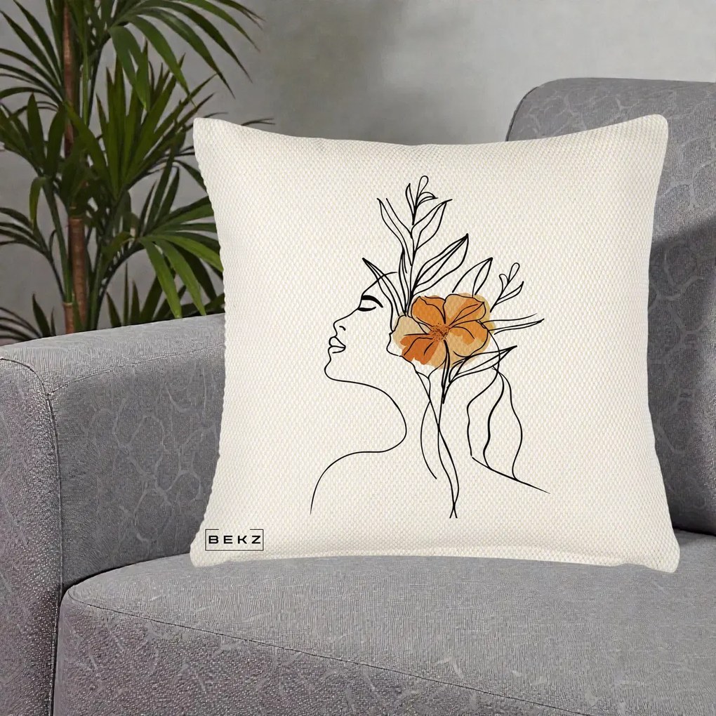 Perna Decorativa Portret Feminin Floare Portocalie Lateral, 40x40 cm, Crem Reliefat, Husa Detasabila, Perna Inclusa, BEKZ®