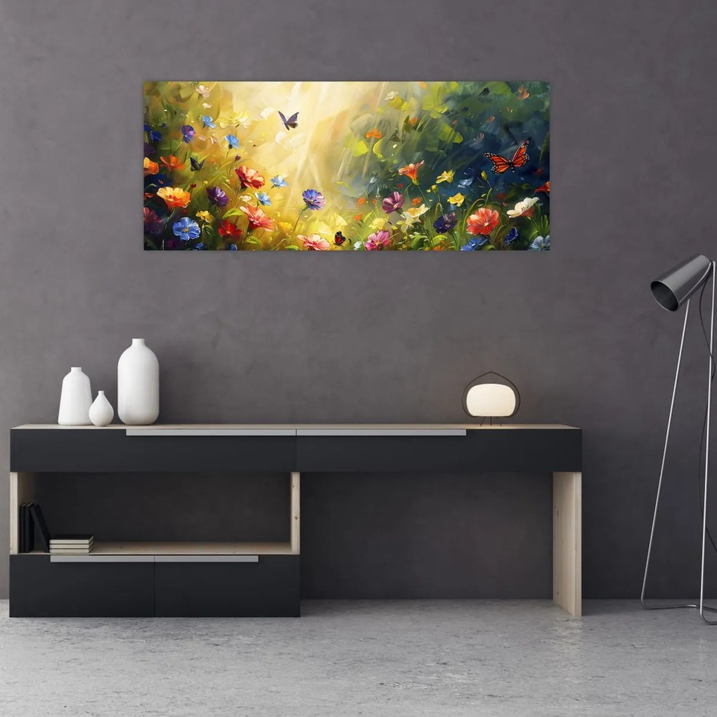 Tablou - Pajiște cu flori de primăvară, pictură (120x50 cm)