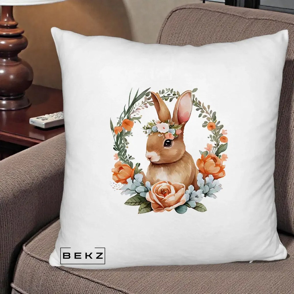 Perna Decorativa Iepuras Floral Coronita Acuarela, 40x40 cm, Alb Pufos, Husa Detasabila, Perna Inclusa, BEKZ®