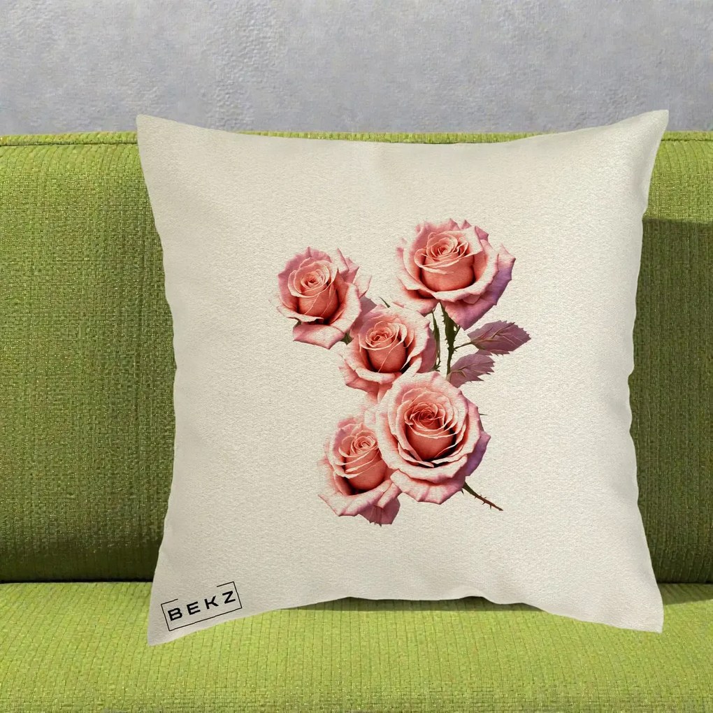 Perna Decorativa Trandafiri Roz Pastel Acuarela, 40x40 cm, Ecru, Husa Detasabila, Perna Inclusa, BEKZ®