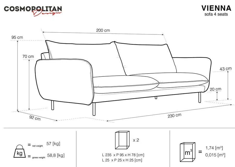 Canapea albastru-deschis cu tapițerie din catifea 230 cm Vienna – Cosmopolitan Design