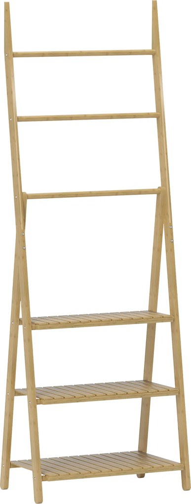HOMCOM Raft Baie Pliabil pentru Prosoape cu 3 Rafturi și 3 Bare, 53,5x30x153 cm, Lemn Natural | Aosom Romania