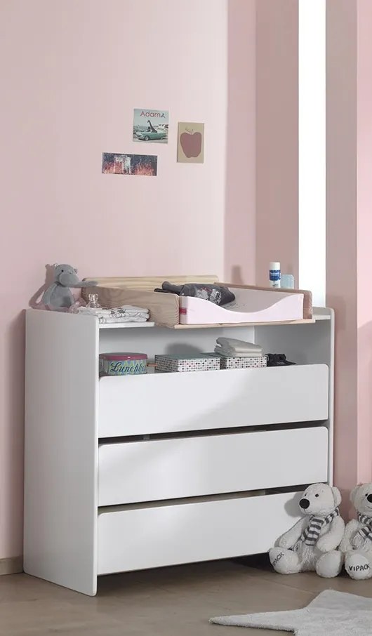 Set KIDDY este format dintr-un Pat copii pentru copii (60x120), comodă cu 3 sertare cu schimbător și Dulap camera copii cu 2 uși.