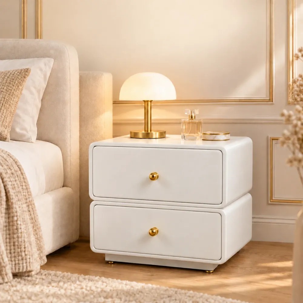 Noptieră modernă cu design minimalist, 2 sertare, Alb