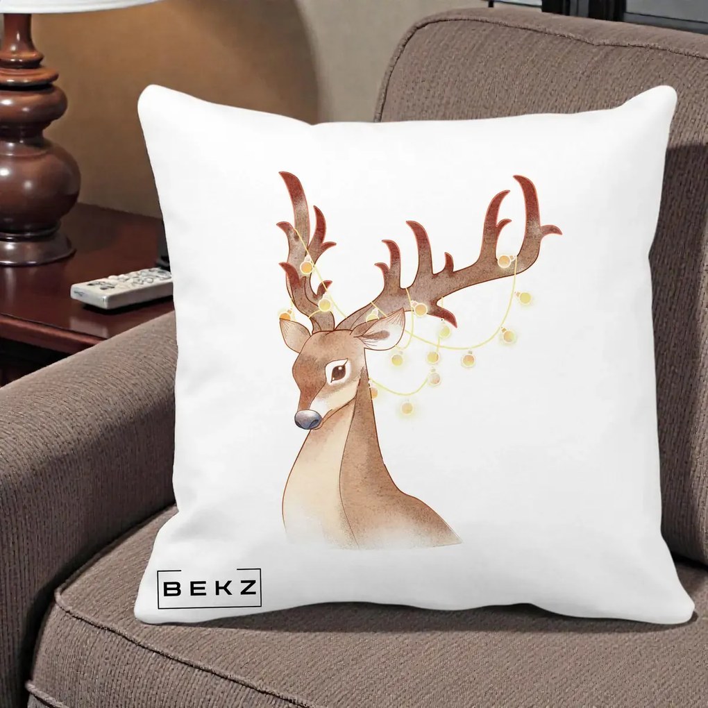 Perna Decorativa Ren cu Luminite de Craciun, 40x40 cm, Alba Mata, Husa Detasabila, Perna Inclusa, BEKZ®