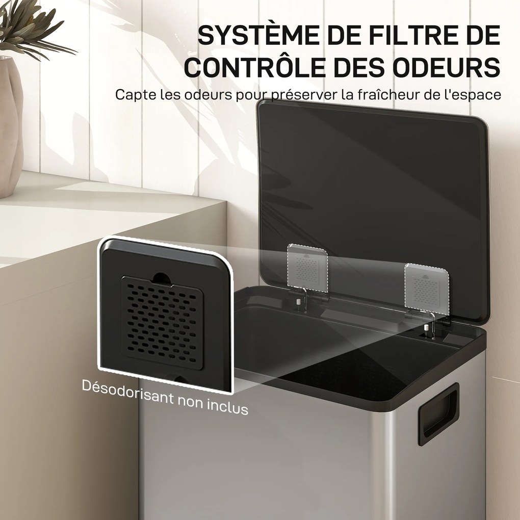 HOMCOM Coș de gunoi bucătărie 50L, coș cu pedală, găleată interioară detașabilă, capac cu închidere silențioasă, 41,7x36,6x62cm, argintiu | Aosom Romania