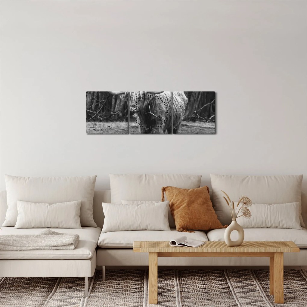 Tablou - Vacă scoțiană 3,alb-negru (cu ceas) (90x30 cm)