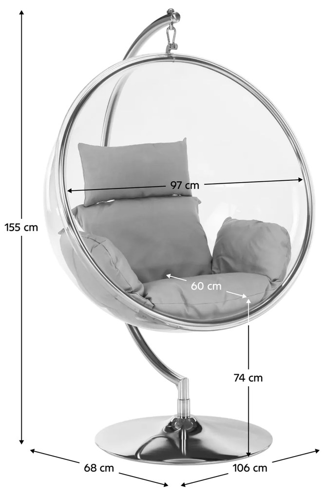 Scaun suspendat cu suport, transparent  argintiu  gri, BUBBLE NEW TIP 3