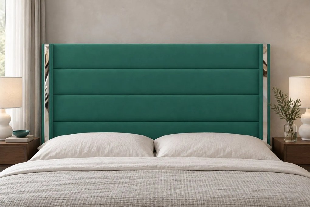 Pat tapițat din catifea Veyra 200×200 cm, verde, detalii argintii, cu ladă de depozitare