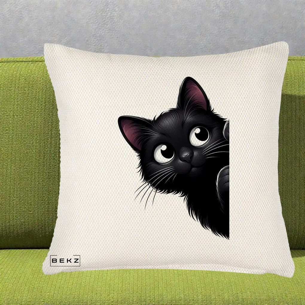Perna Decorativa Pisica Neagra Dragalasa Curioasa, 40x40 cm, Crem Reliefat, Husa Detasabila, Perna Inclusa, BEKZ®