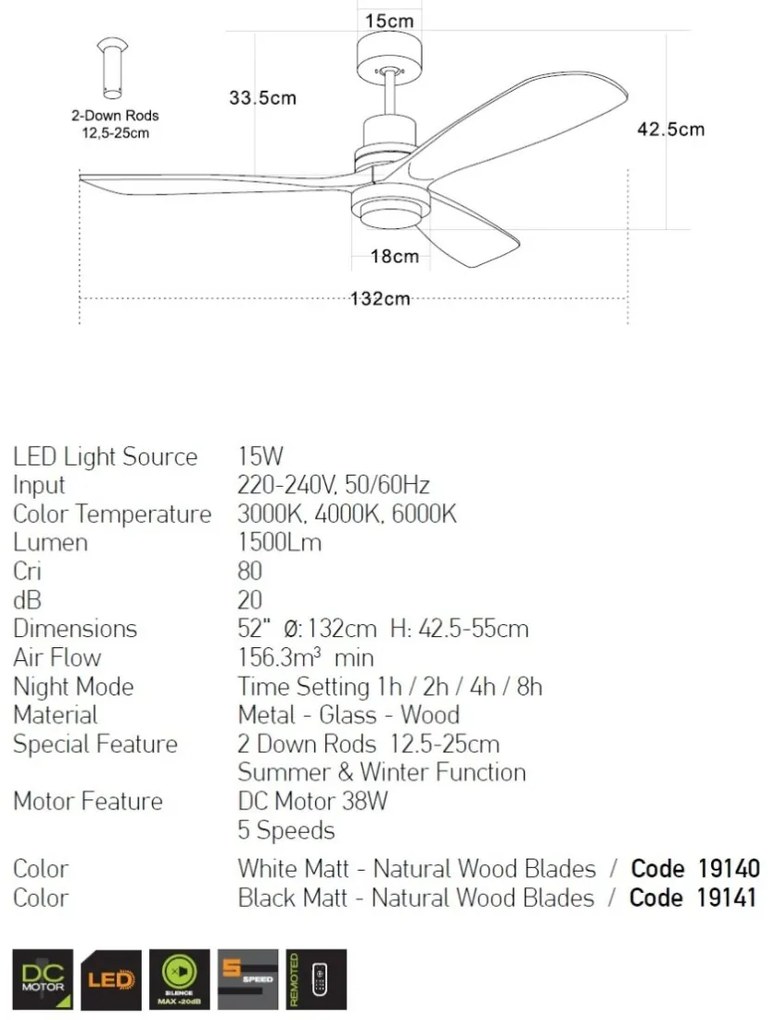 Lustra LED cu Ventilator si telecomanda Kai negru/lemn natur