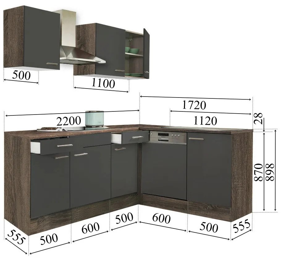 Mobilă de bucătărie de colț Yorki 220, corp din stejar Yorki, cu față antracit satinat