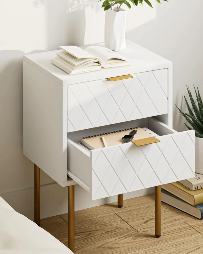 NOA41 - Set 2 Noptiere albe 40 cm, cu 2 sertare, dormitor - Alb-Auriu