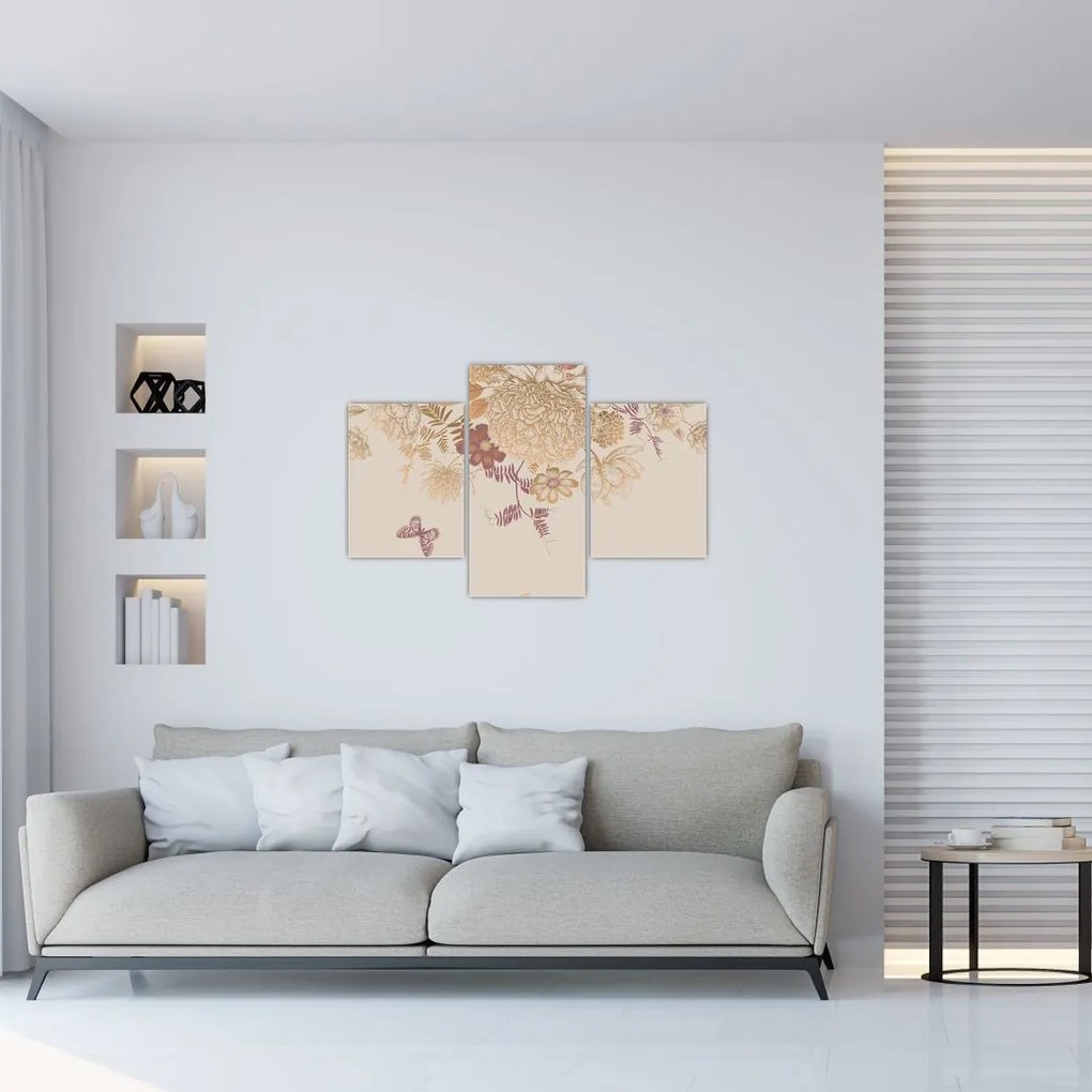 Tablou - Vintage, flori și fluturi (90x60 cm)