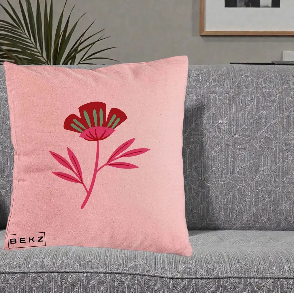 Perna Decorativa Floare Macul Roz-Rosu Grafic, 40x40 cm, Roz, Husa Detasabila, Perna Inclusa, BEKZ®