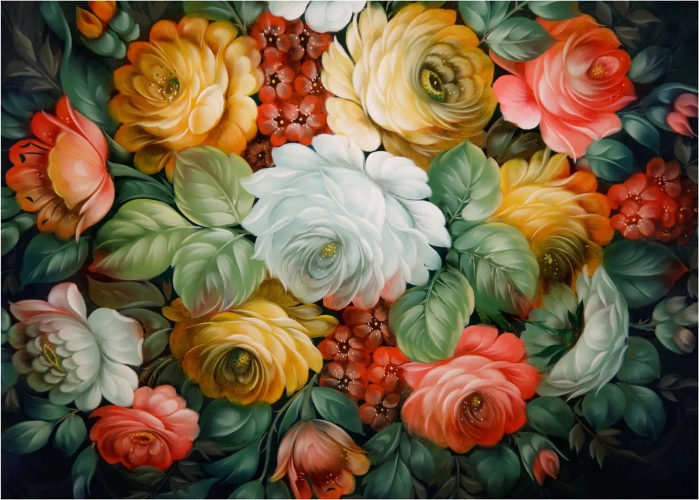 Tablou pe sticlă cu buchet pictat de flori (70x50 cm)