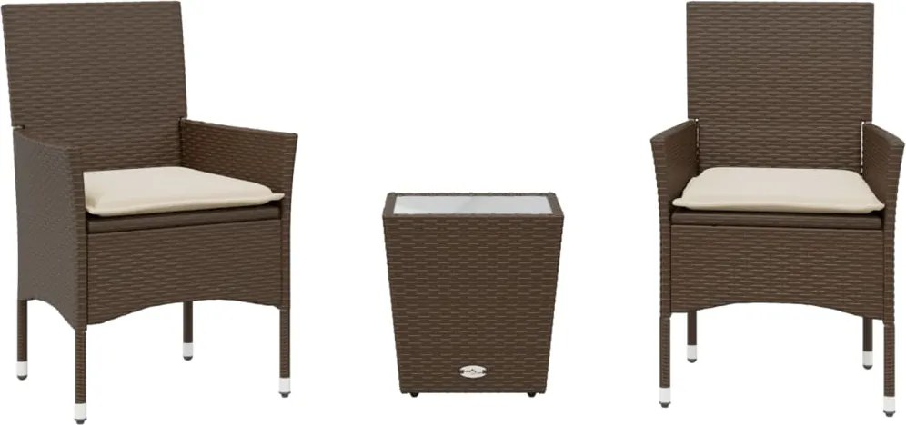 vidaXL Set bistro cu perne, 3 piese, maro, poliratan și sticlă