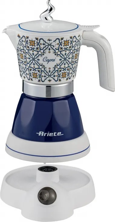 Cafetiera electrica Ariete Moka Vintage Capri 1358/1C, 400 W, 4 cesti, Bază rotativa la 360°, Alb/Albastru