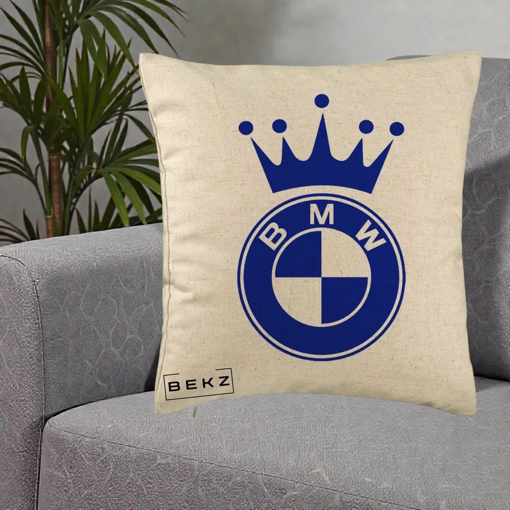 Perna Personalizata cu emblema BMW si Coroana, 40x40 cm, Bej, Husa Detasabila, Perna Inclusa, BEKZ®