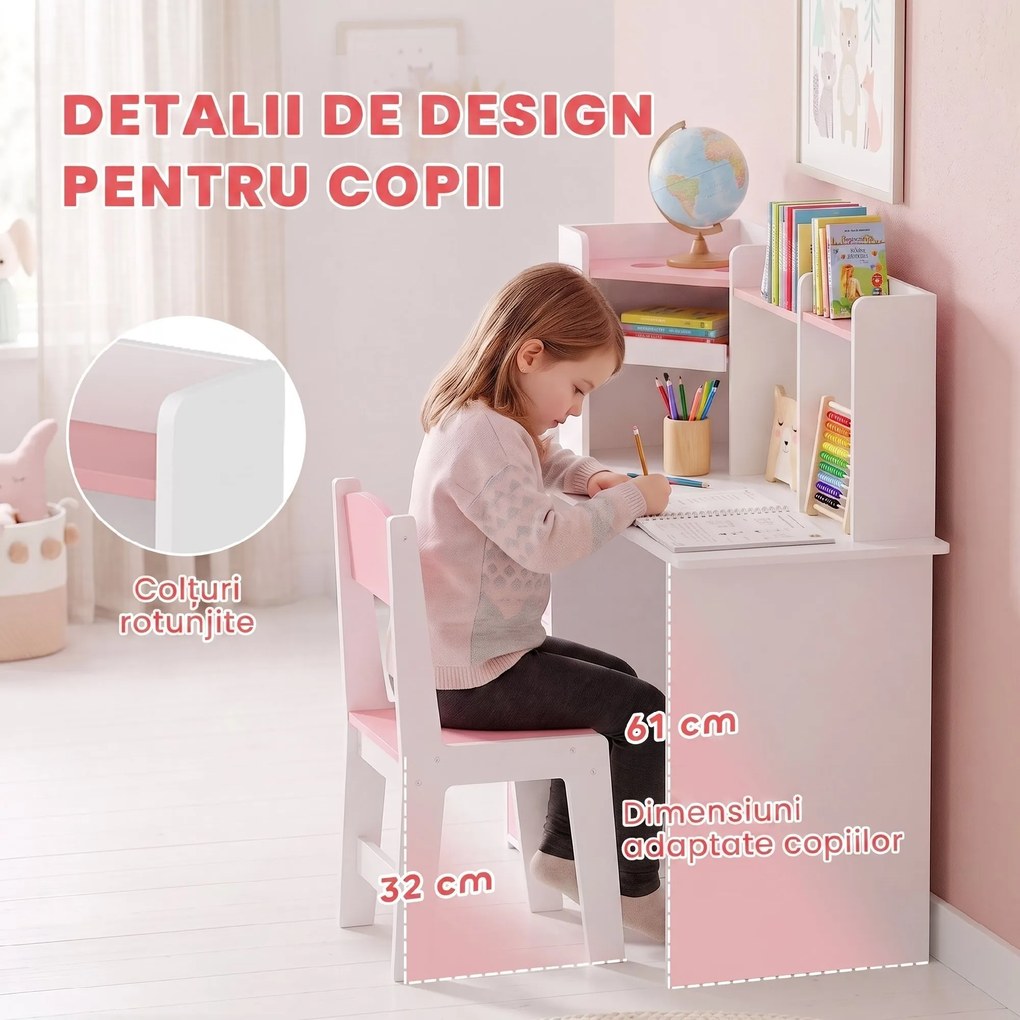 AIYAPLAY Set birou și scaun pentru copii 5-12 ani, cu bibliotecă, suport pentru creioane și suport reglabil pentru tabletă, roz | Aosom Romania