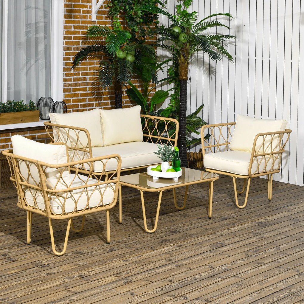 Outsunny Set de grădină canapea 2 locuri + 2 fotolii + 1 masă de cafea cu blat din sticlă securizată 7 perne ecru | Aosom Romania