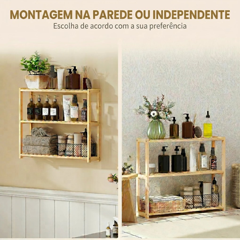 HOMCOM Etajeră de Baie cu 3 Rafturi Reglabile pe 5 Nivele, Dulap de Depozitare din Bambus, 60x15x50 cm, Lemn Natural | Aosom Romania