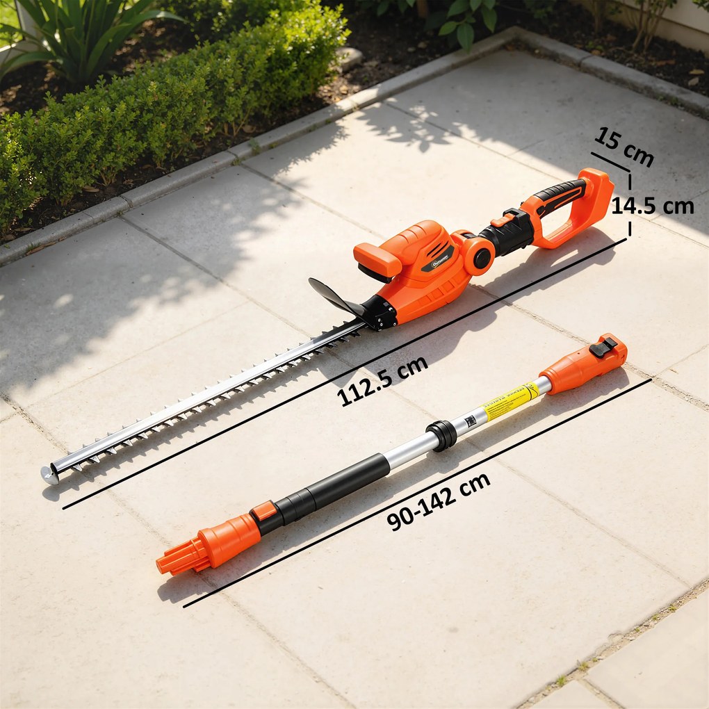 Outsunny Trimmer pentru Gard Viu pe Baterie 18V, Trimmer pentru Grădină cu 2 Baterii de 4Ah, Încărcător, Târnă Telescopică Reglabilă din Aluminiu, Lamă Cu Acțiune Dublă de 51cm pentru Ramuri, Portocaliu | Aosom Romania